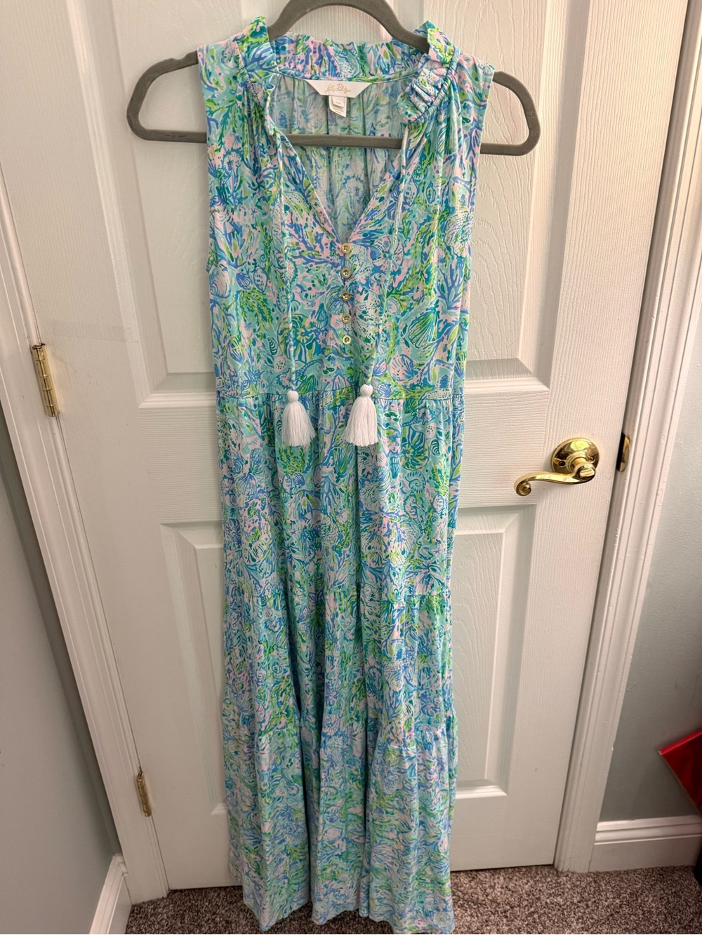Lilly Pulitzer Blue Green Paisley Maxi Dress with White Tassels
